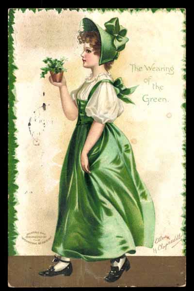 Artist signed CLAPSADDLE, woman \"The wearing of the Green\", embossed