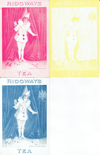 Lot of 3 postcards RIDGWAYS \"Five O\'clock\" TEA, woman pierrot