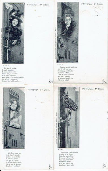 Lot of 4 postcards WOMAN in different classes on the TRAIN
