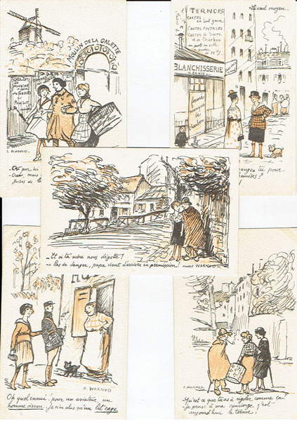 Lot of 10 postcards Artist signed WARNOD man woman, "Choses et Gens des Halles"