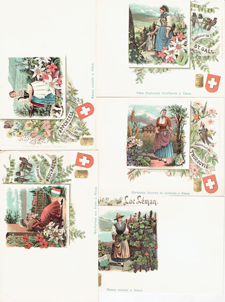 Lot of 34 LITHO postcards SWITZERLAND, Types, KLAUS cocoa advertising