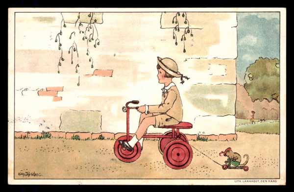 Artist signed BEP JORDENS, child on tricycle, toy